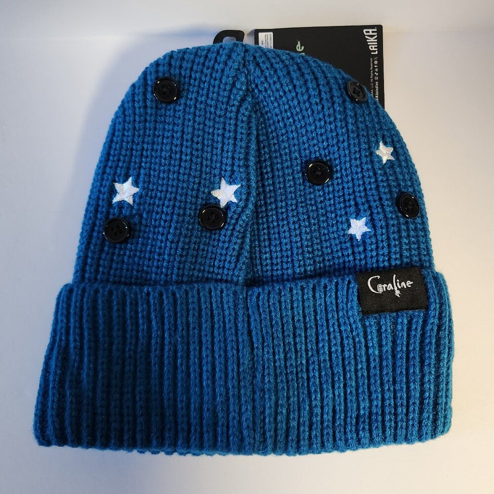 Coraline Beanie Hat Buttons And Stars Pattern Coraline Patch Blue One Size New - Picture 4 of 5